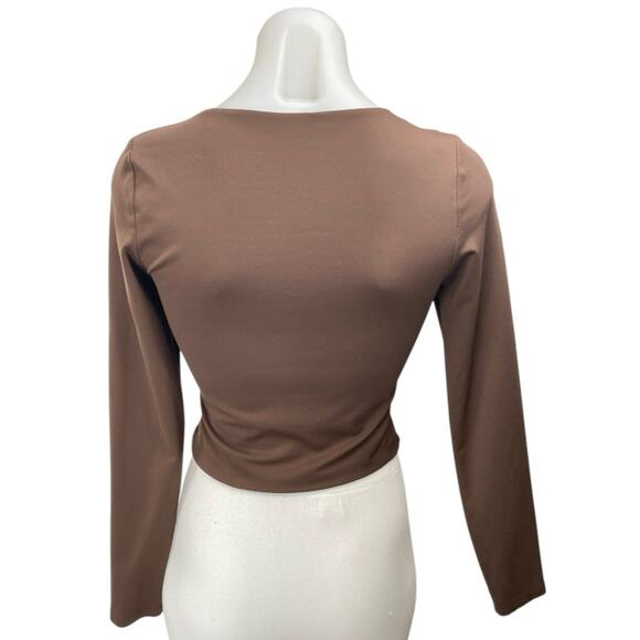 Aritzia Babaton Women's Brown Plunge V-neck Long Sleeve Slim Crop Blouse Top M - Picture 2 of 4